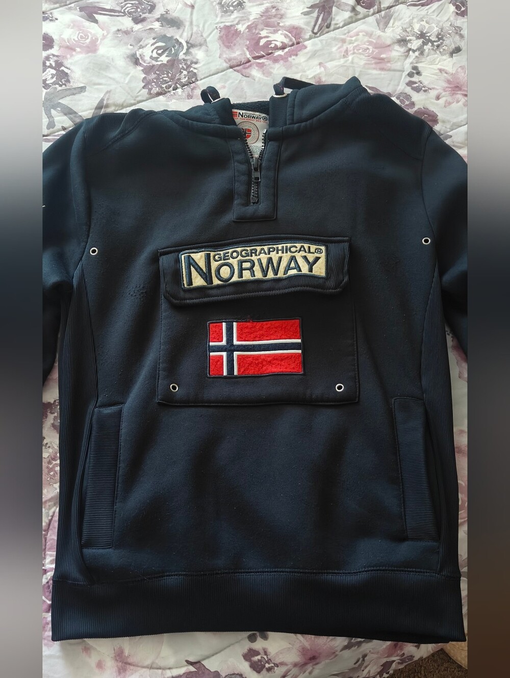 Geographical Norway Navy Pullover Hoodie with Flag Patch